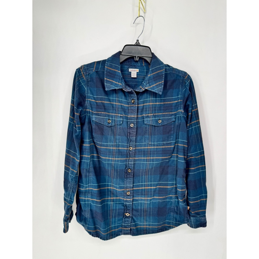 Carhartt Flannel Shirt Womens Size Small Blue Orange Plaid Good Stretch Workwear